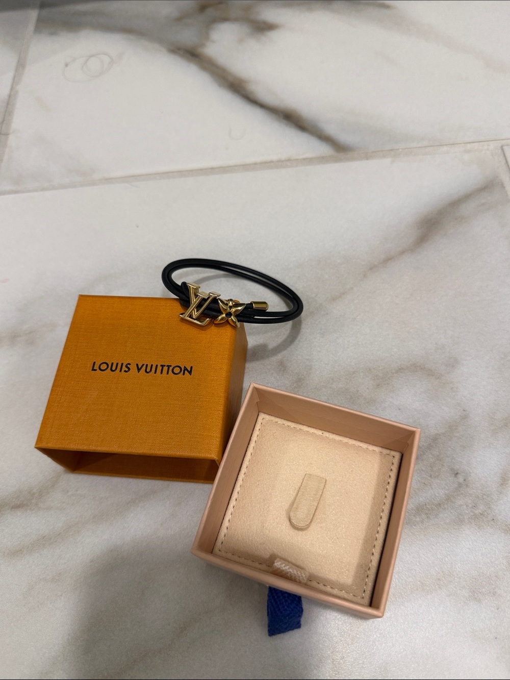 Louis Vuitton Black Bracelet with Gold LV Charm
